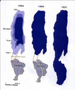 A demonstration of how the water levels in the Dead Sea have lowered over time leading to the body of water shrinking (Graphic: courtesy of EcoPeace)