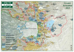 A map provided by Ir Amim detailing what the organization sees as illegal Israeli settlement construction over the Green Line.