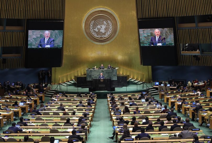 Prime Minister of Israel Binyamin Netanyahu addresses the United Nations General Assembly in New York City earlier this year